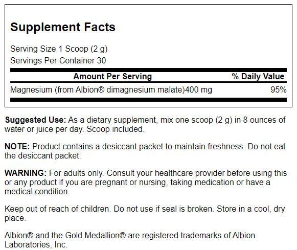 Swanson Albion Dimagnesium Malato: espalda de etiqueta para dosis y nutrición