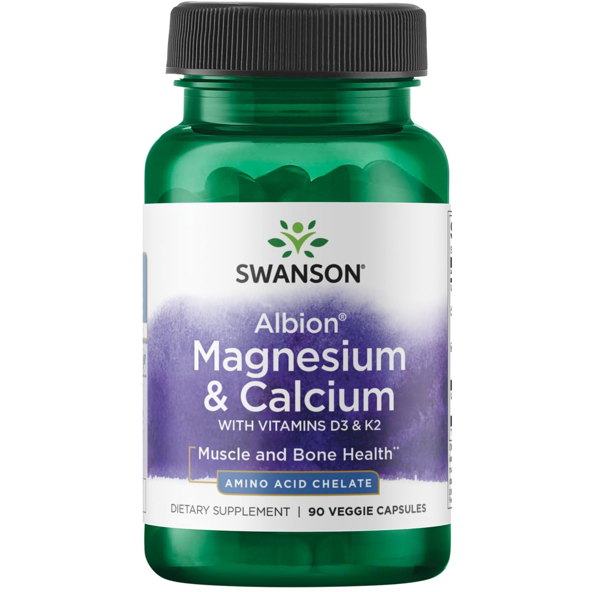 Swanson Albion Magnesio-Calcio 2:1, botella de cápsulas vegetales, apoyo al equilibrio mineral diario.