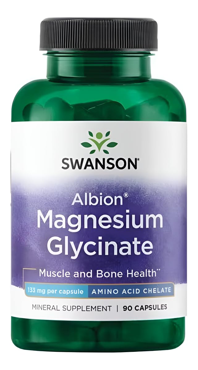 Frasco de Swanson Albion magnesio quelado, 133 mg, 90 cápsulas para uso diario.