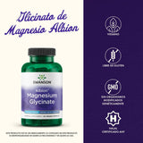 Frasco Swanson Albion magnesio quelado sobre mesa, tamaño 90 cápsulas.