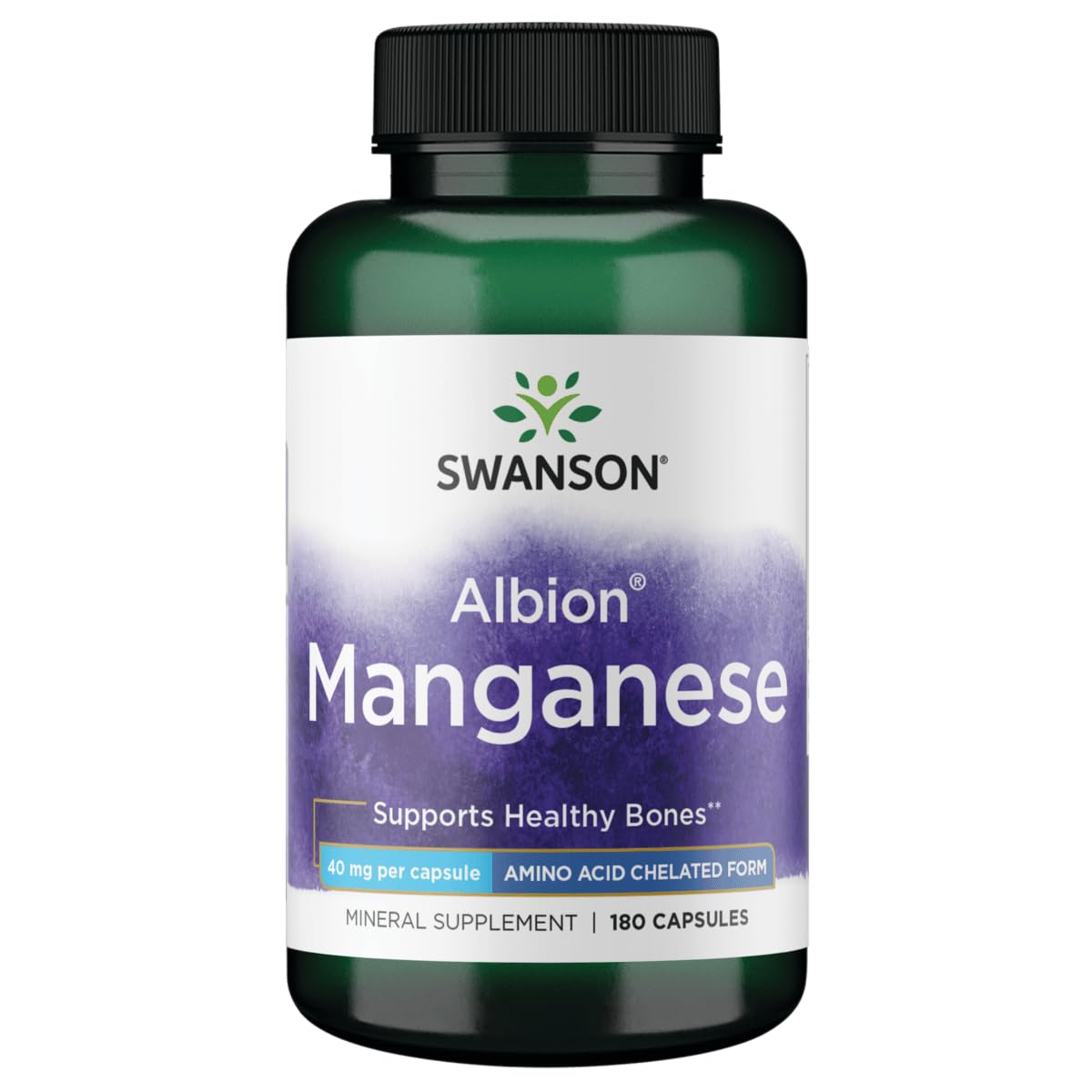 Swanson Albion manganeso glicinato 40 mg cápsulas en botella para la salud ósea
