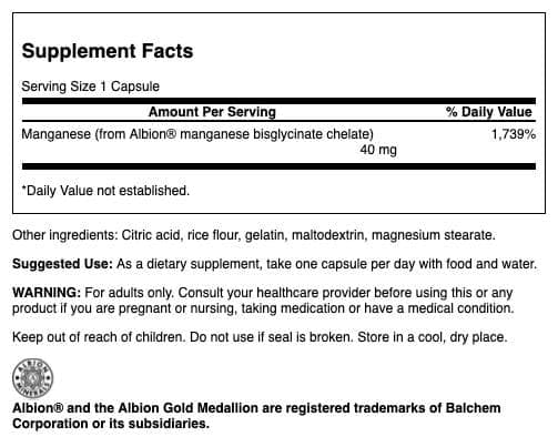Etiqueta frontal de Swanson Albion manganeso glicinato 40 mg mostrando la fórmula