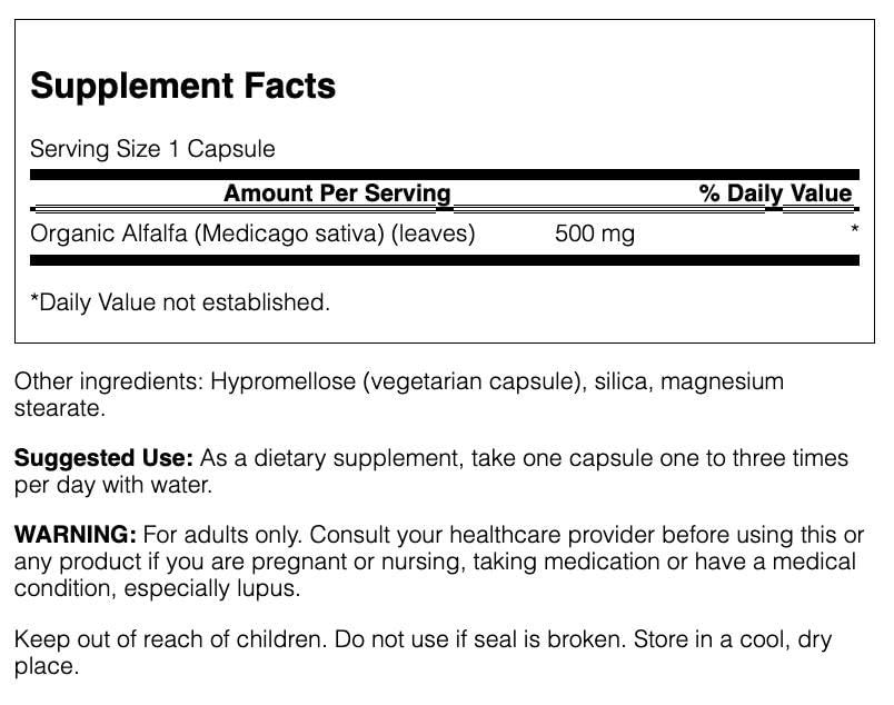 Etiqueta frontal de Swanson Alfalfa 500 mg con información de uso