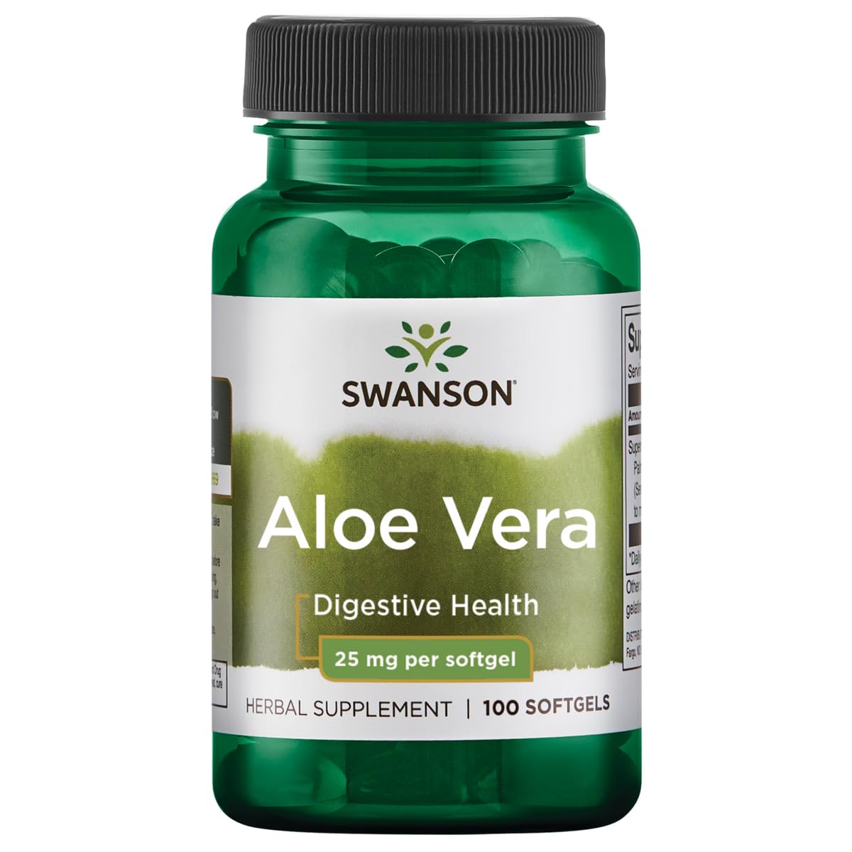 Swanson Aloe Vera 25 mg, botella de cápsulas blandas, apoyo digestivo suave.