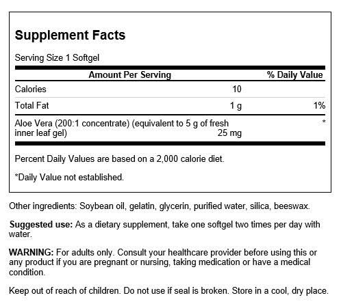 Swanson Aloe Vera 25 mg, cápsulas blandas para apoyo inmunológico y antioxidante.