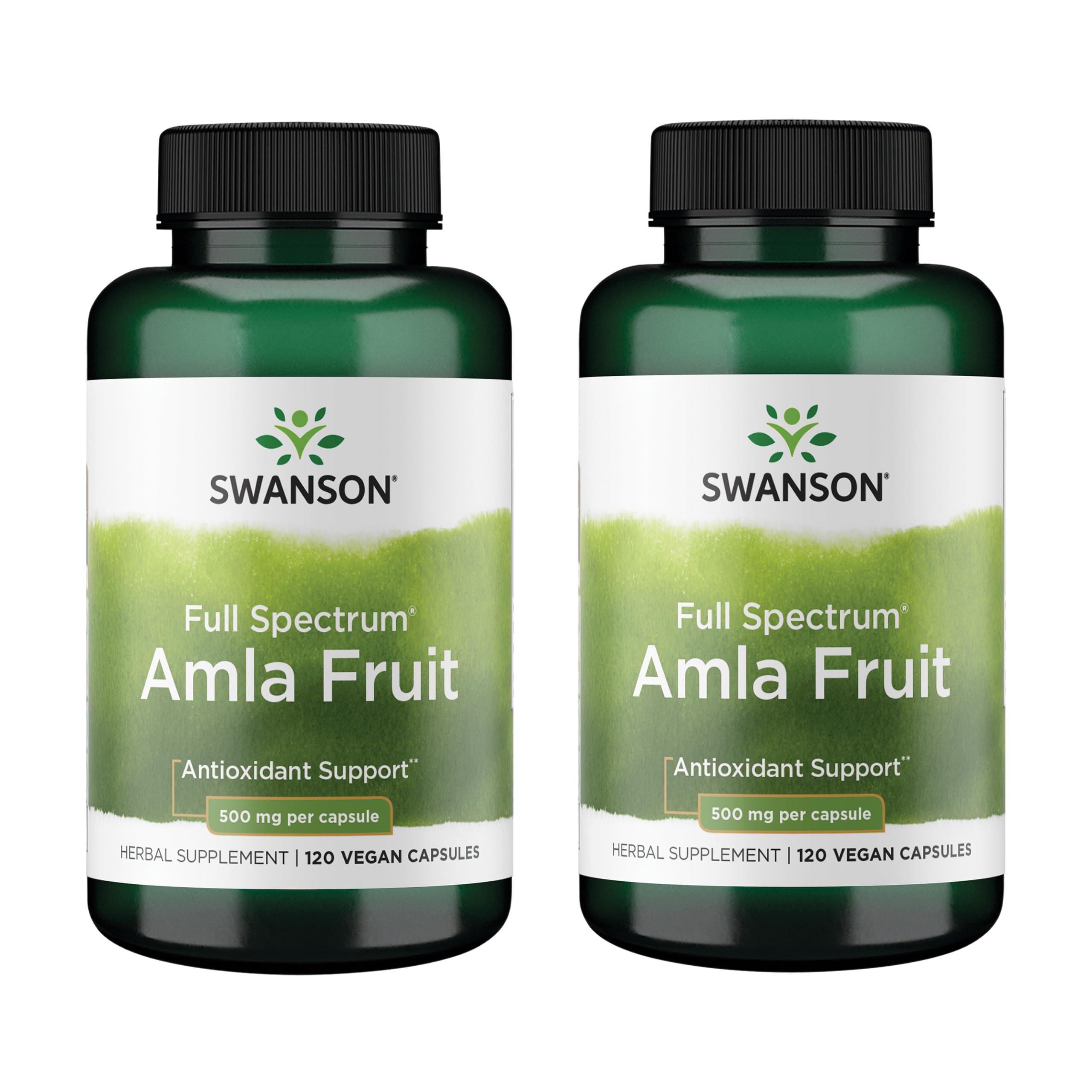Swanson Amla fruta cápsulas 500 mg, botella frontal, apoyo a la vitalidad diaria.