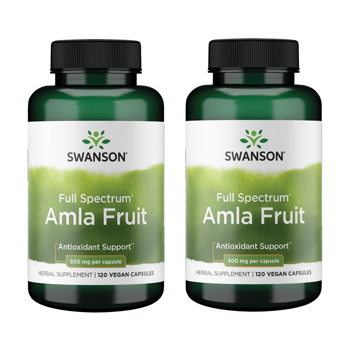 Swanson Amla fruta cápsulas 500 mg, botella frontal, apoyo a la vitalidad diaria.