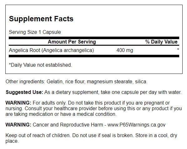Primer plano de cápsulas Swanson Angélica 400 mg, apoyo tradicional para el bienestar