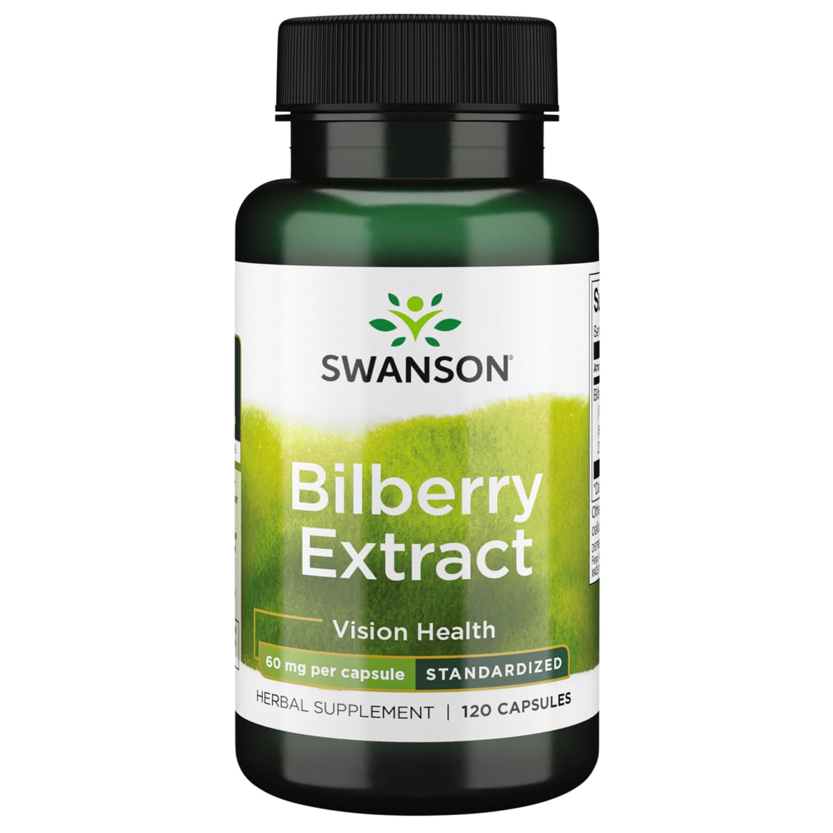 Swanson Extracto de arándano europeo, botella y vertido, apoya la salud ocular y la claridad visual.