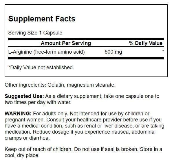 Swanson L-Arginina 500 mg, etiqueta frontal, fórmula a base de plantas