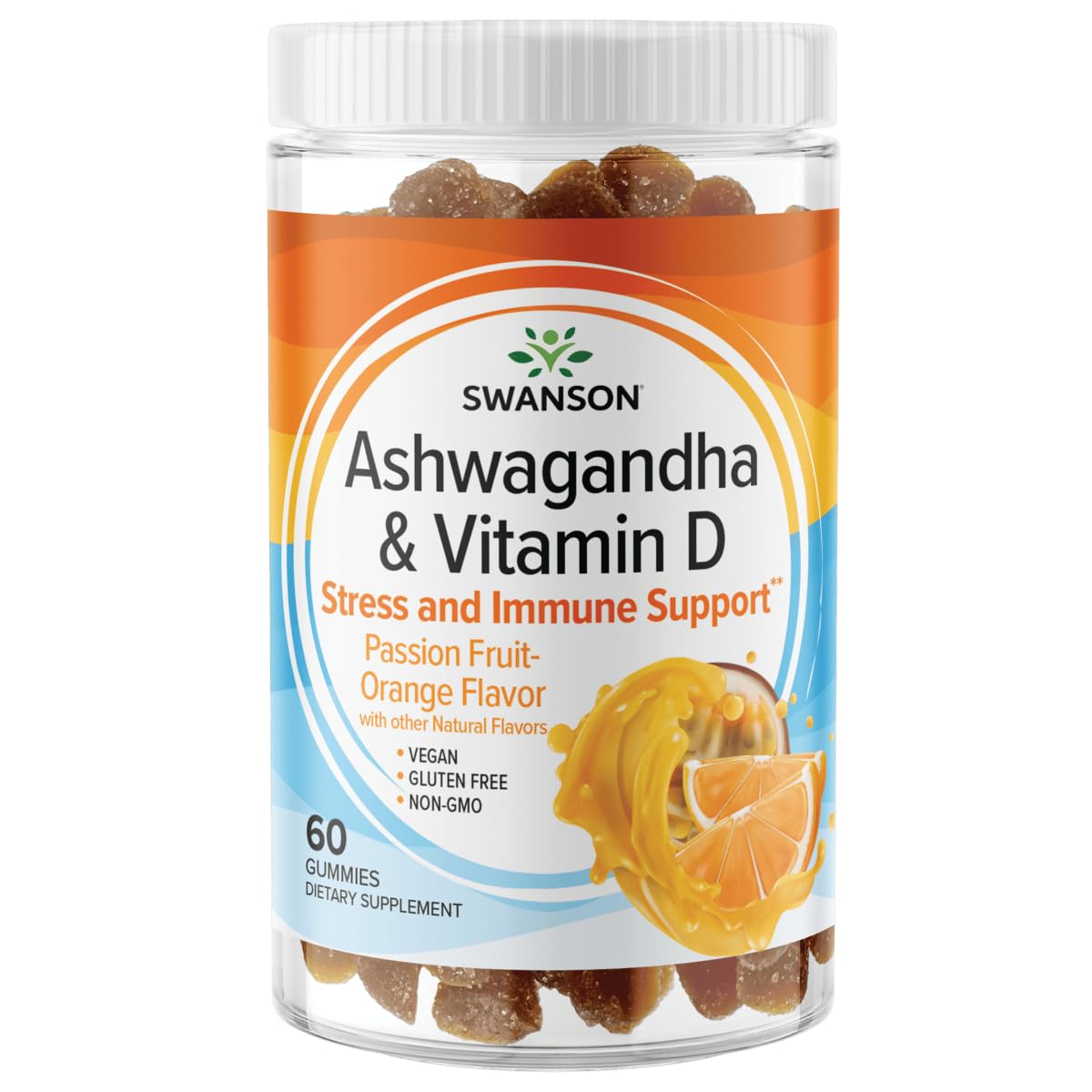 Swanson Ashwagandha y Vit D gomitas envase frontal, sabor sabroso y cómodo de usar