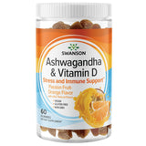 Swanson Ashwagandha y Vit D gomitas envase frontal, sabor sabroso y cómodo de usar