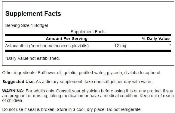 Swanson astaxantina 12 mg cápsulas blandas detalle, antioxidante para uso diario en exteriores.