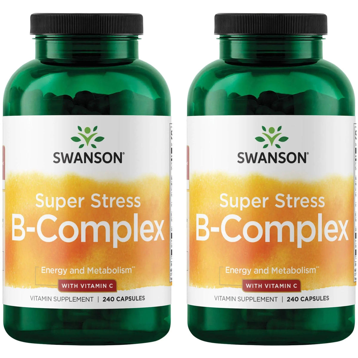 Swanson B-Complejo para estrés, botella-frente, apoyo diario de energía y bienestar.