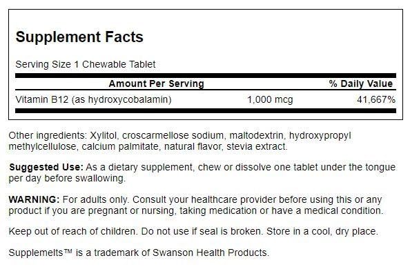 Swanson B-12 1000 mcg, etiqueta clara con dosis
