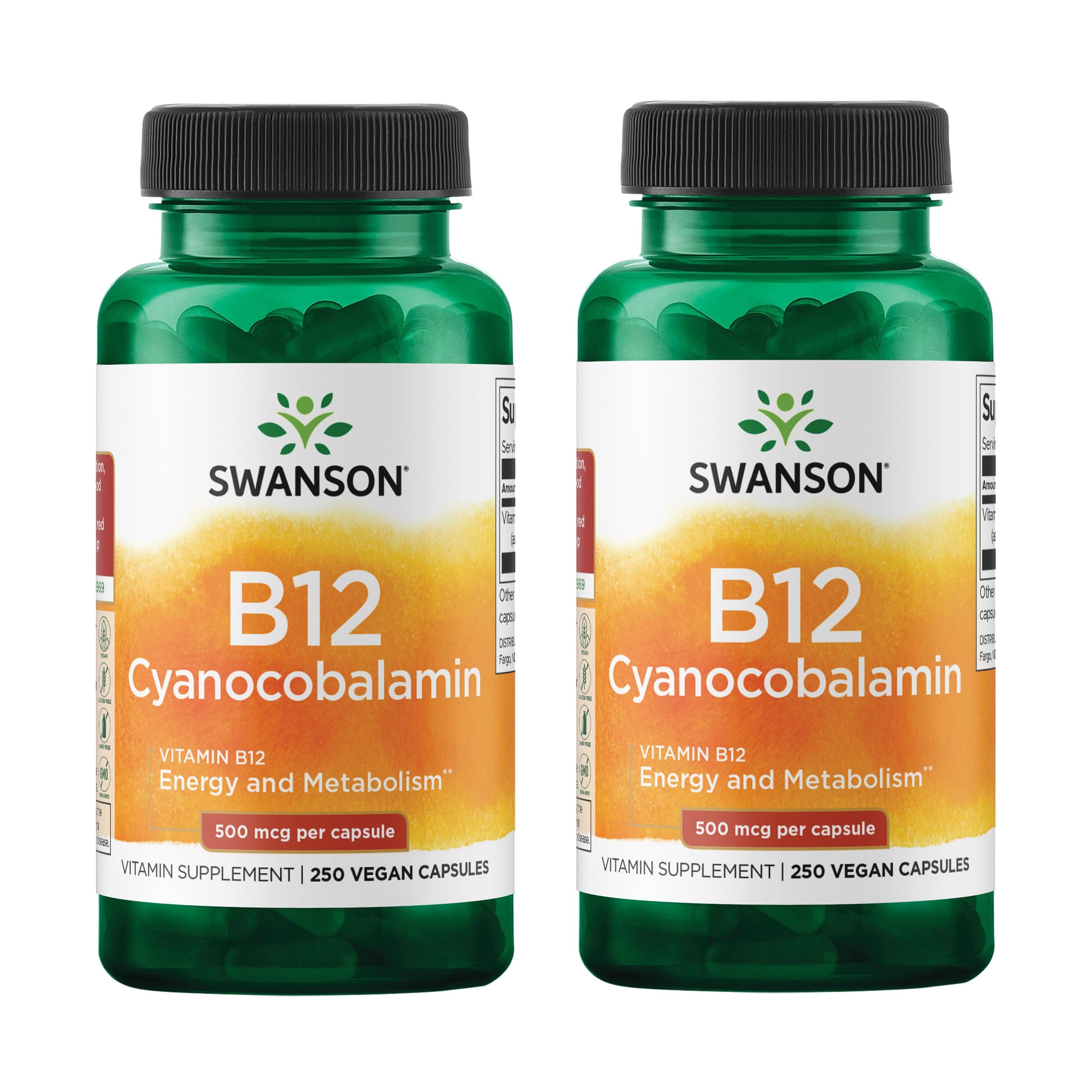 Swanson B12 Cianocobalamina: frasco-250 cápsulas para apoyo al metabolismo y energía diaria.