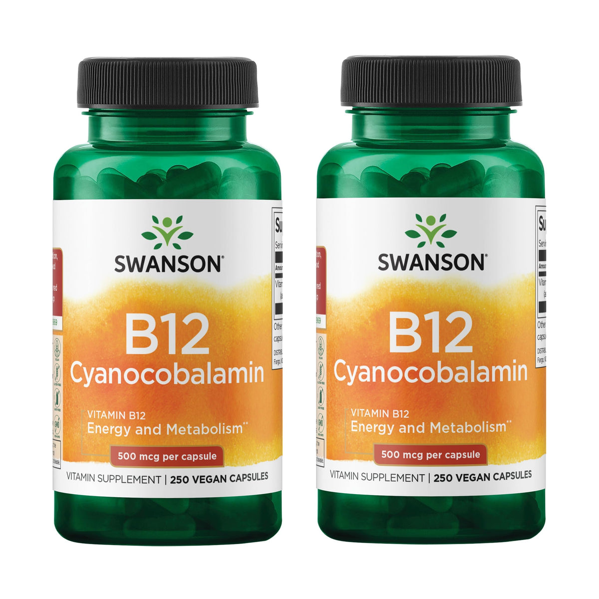 Swanson B12 Cianocobalamina: frasco-250 cápsulas para apoyo al metabolismo y energía diaria.