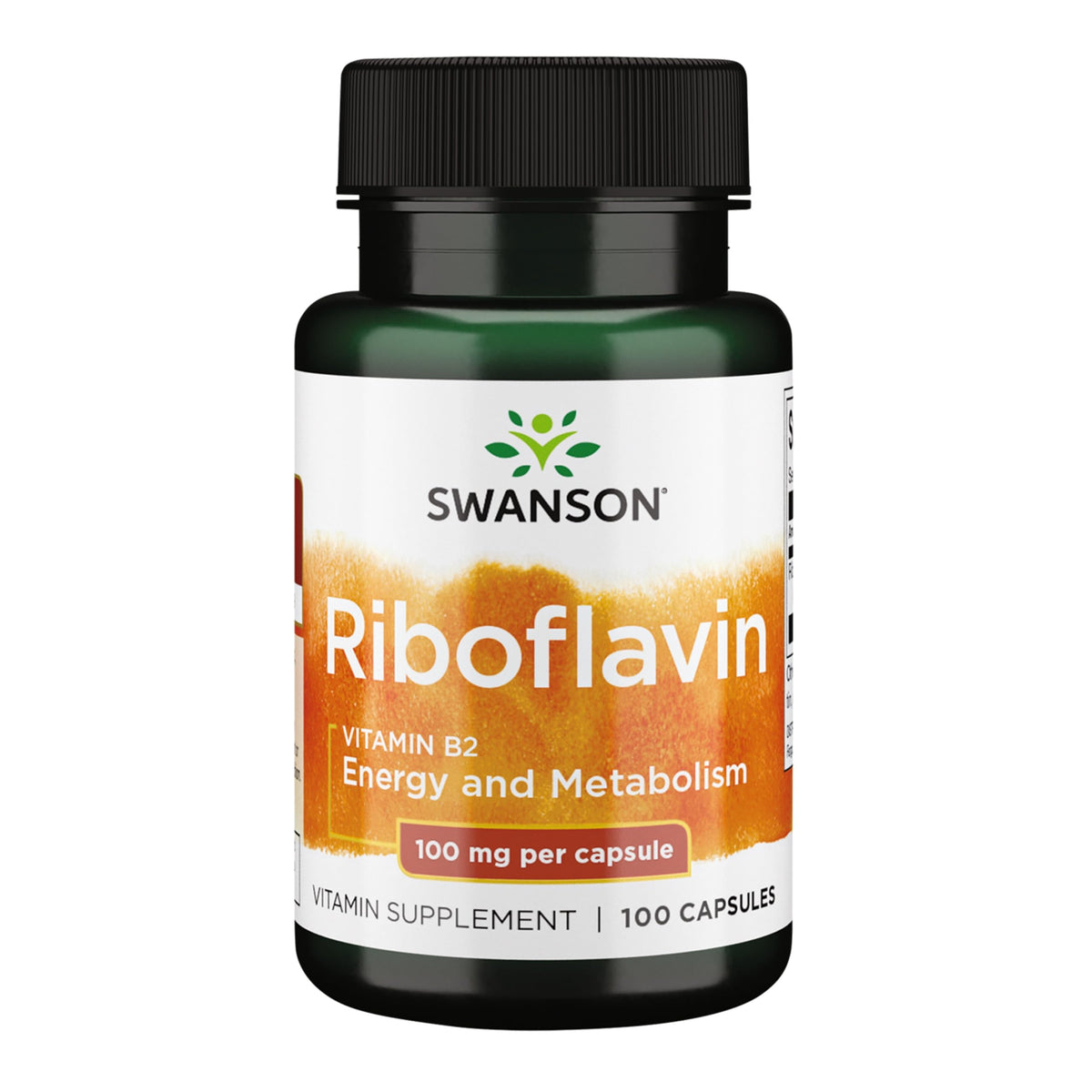 Cápsulas Swanson B2 de 100 mg en frasco, para apoyo al metabolismo.
