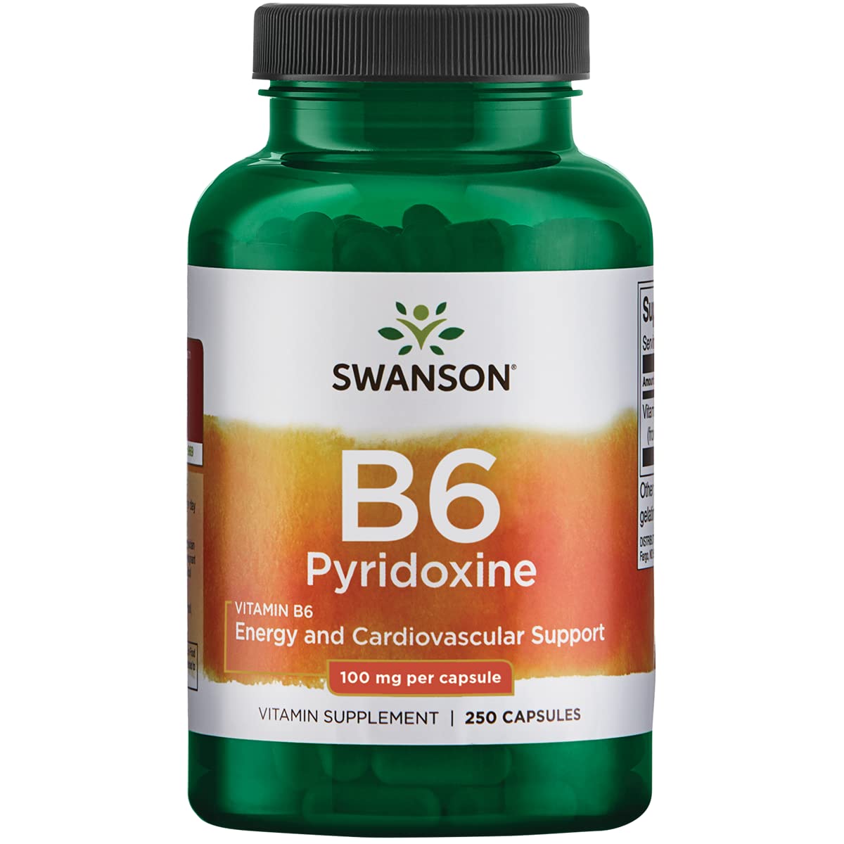 Swanson B6 Piridoxina, botella de suplemento, apoyo potencial a la energía diaria y bienestar.