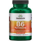 Swanson B6 Piridoxina, botella de suplemento, apoyo potencial a la energía diaria y bienestar.