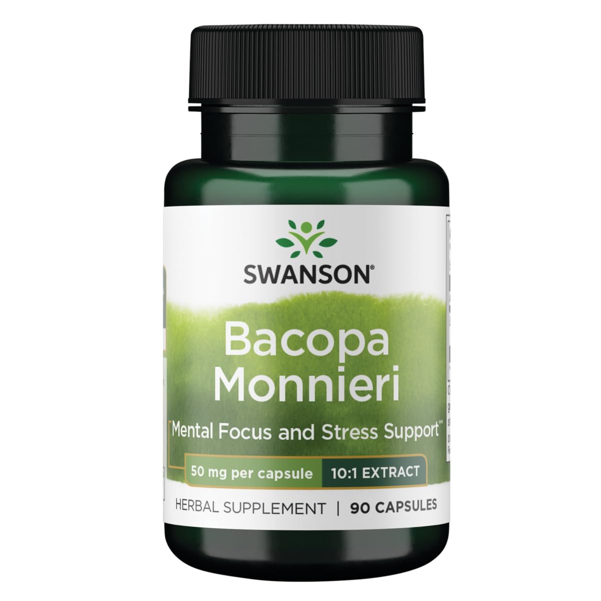 Swanson Bacopa Monnieri, botella volcada; posible apoyo a memoria y enfoque diario.