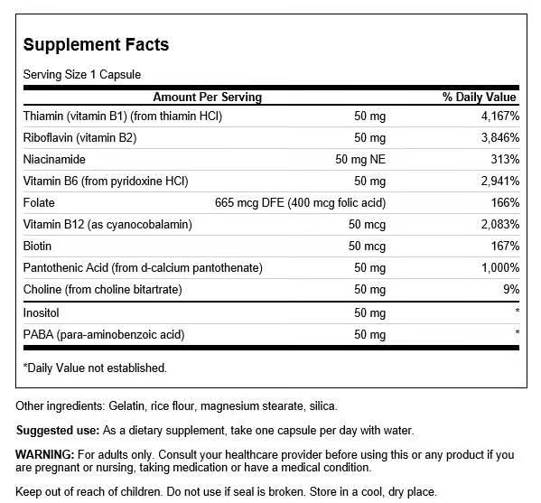 Swanson Balance B-50, etiqueta frontal con lista de vitaminas B