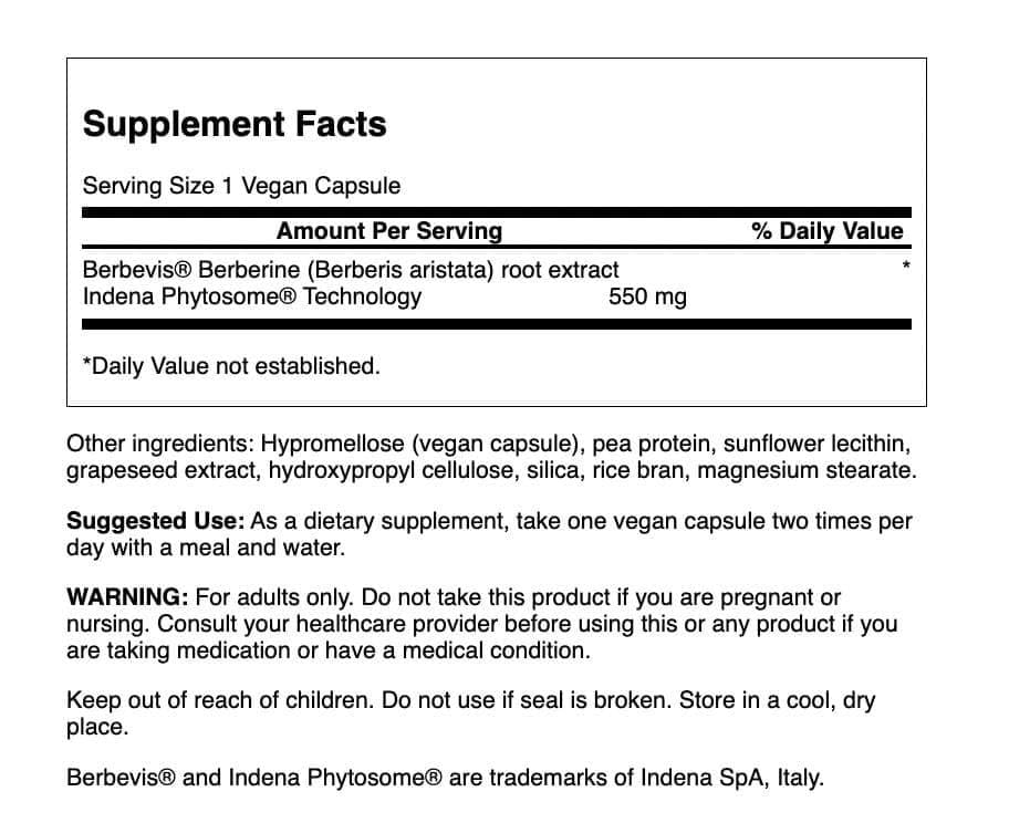 Cápsulas veganas Swanson Berberina Berbevis 550 mg, fáciles de tomar