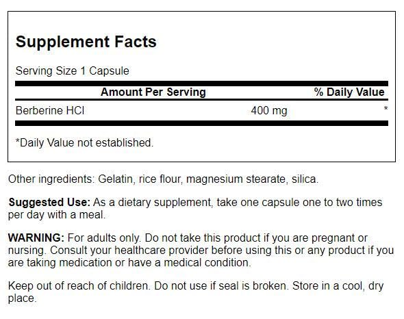 Frasco Swanson Berberina HCl 400 mg para metabolismo equilibrado.