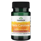 Swanson Beta-Caroteno: envase frontal con cápsulas blandas para apoyo antioxidante diario.