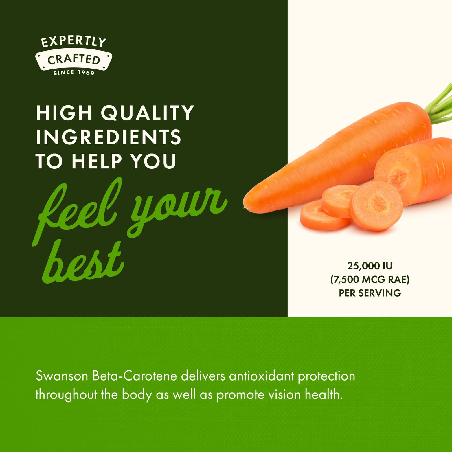Swanson Beta-Caroteno: caja y cápsulas resaltan dosis de 3000 mcg.