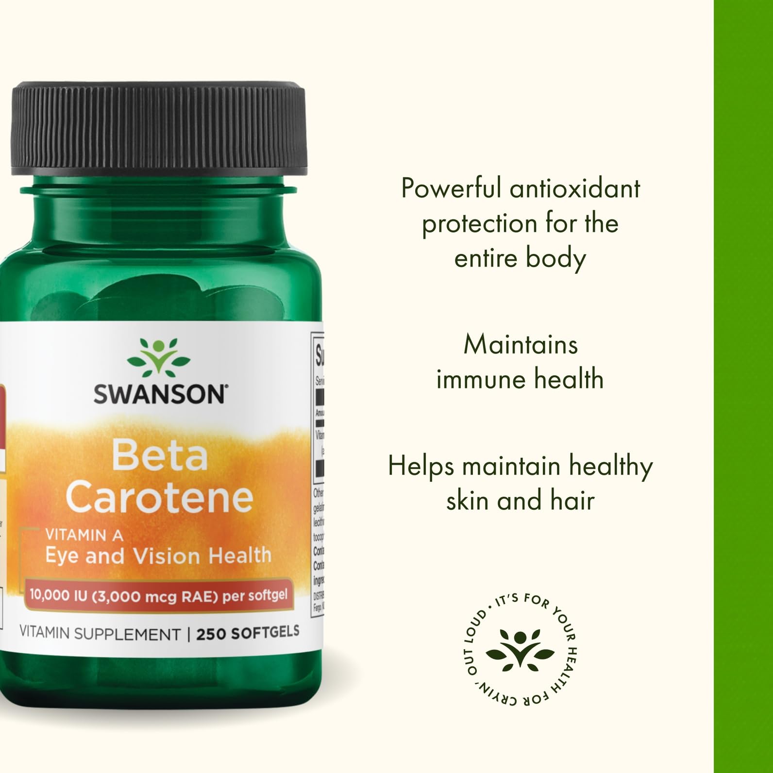 Swanson Beta-Caroteno: cápsula en mano lista para consumo diario.