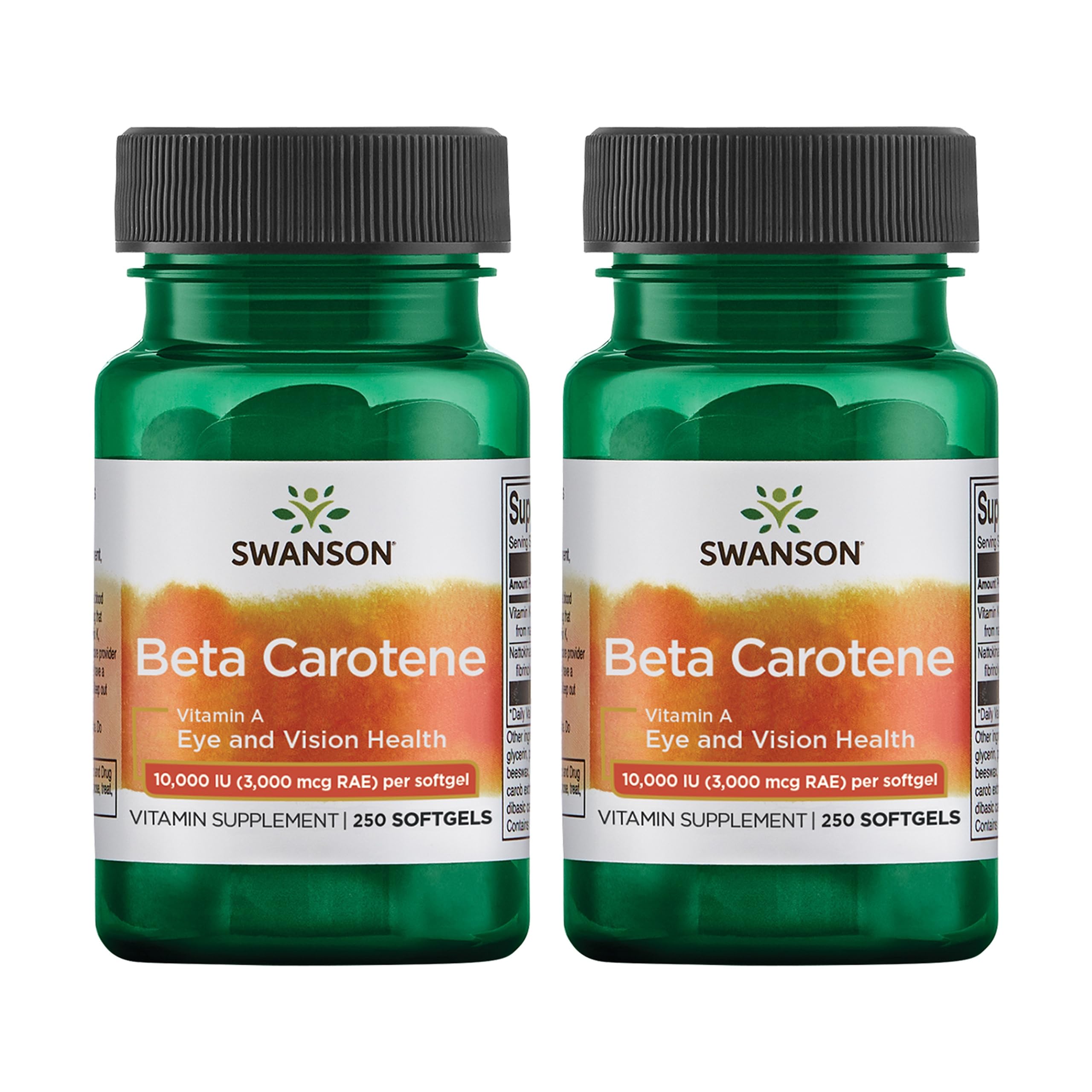 Swanson Beta-Caroteno: dos botellas para uso diario; puede apoyar piel y visión.