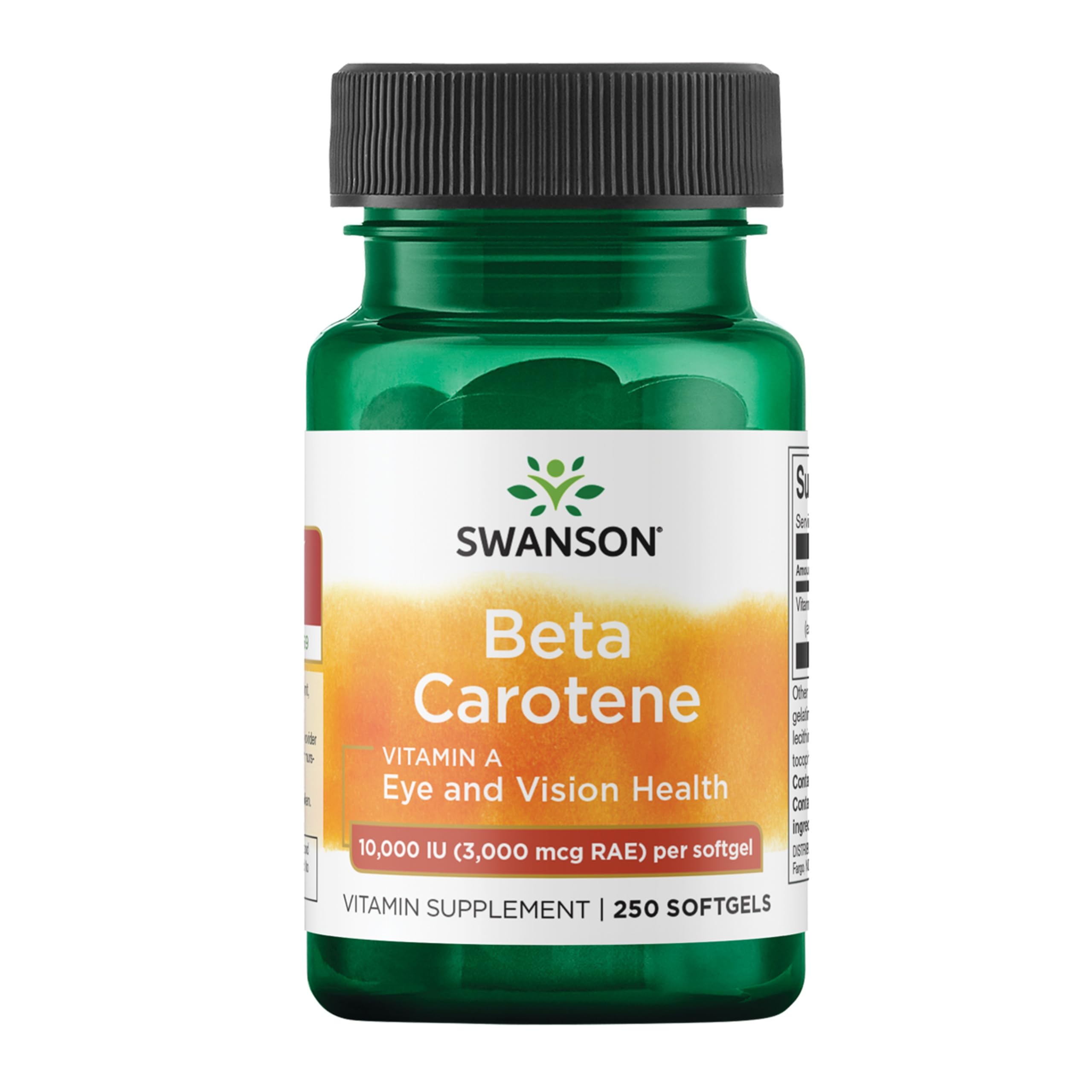 Swanson Beta-Caroteno envase del producto, apoya la salud ocular y la piel.