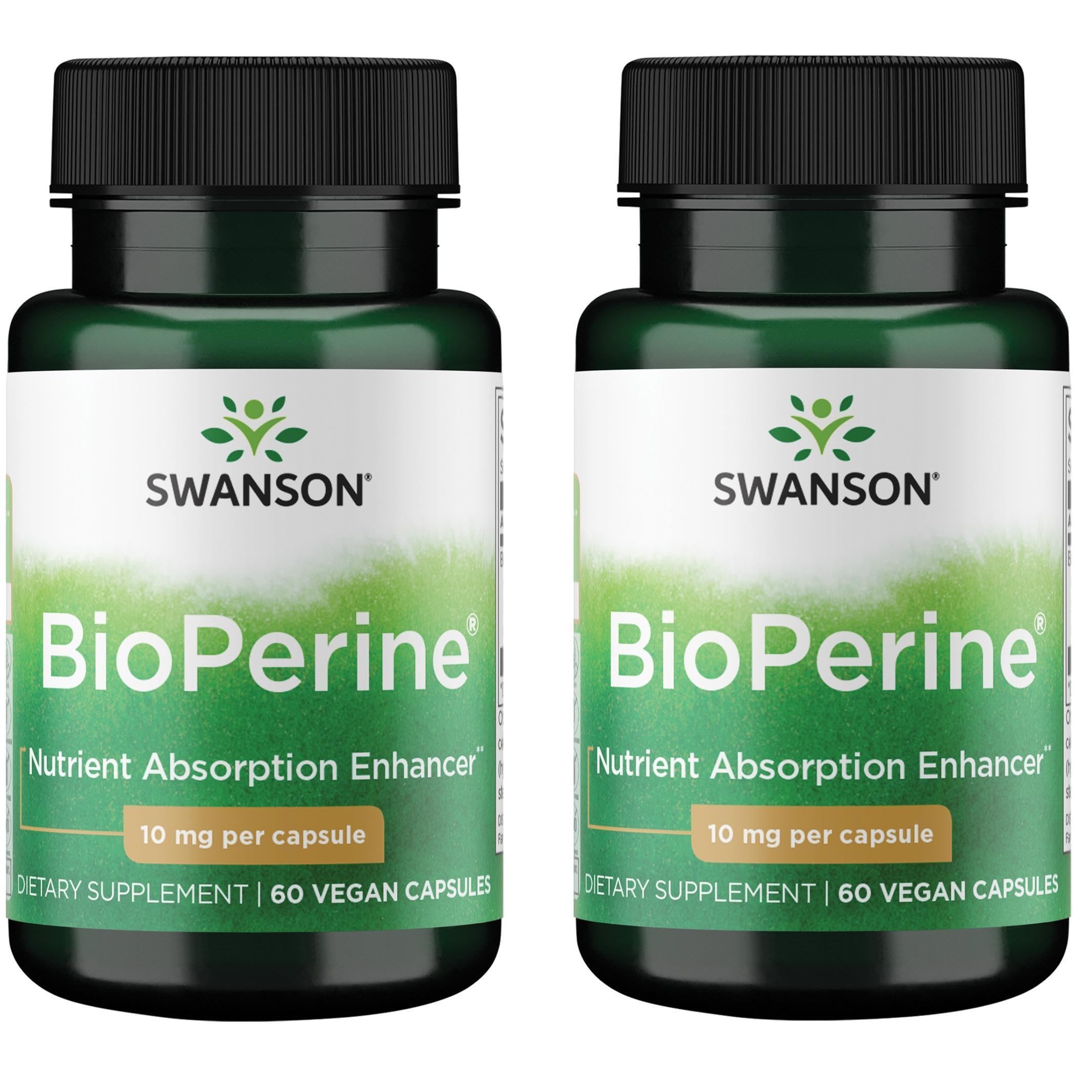 Swanson Bioperine 10 mg, botella frontal, destacando su diseño para mejor absorción de nutrientes.