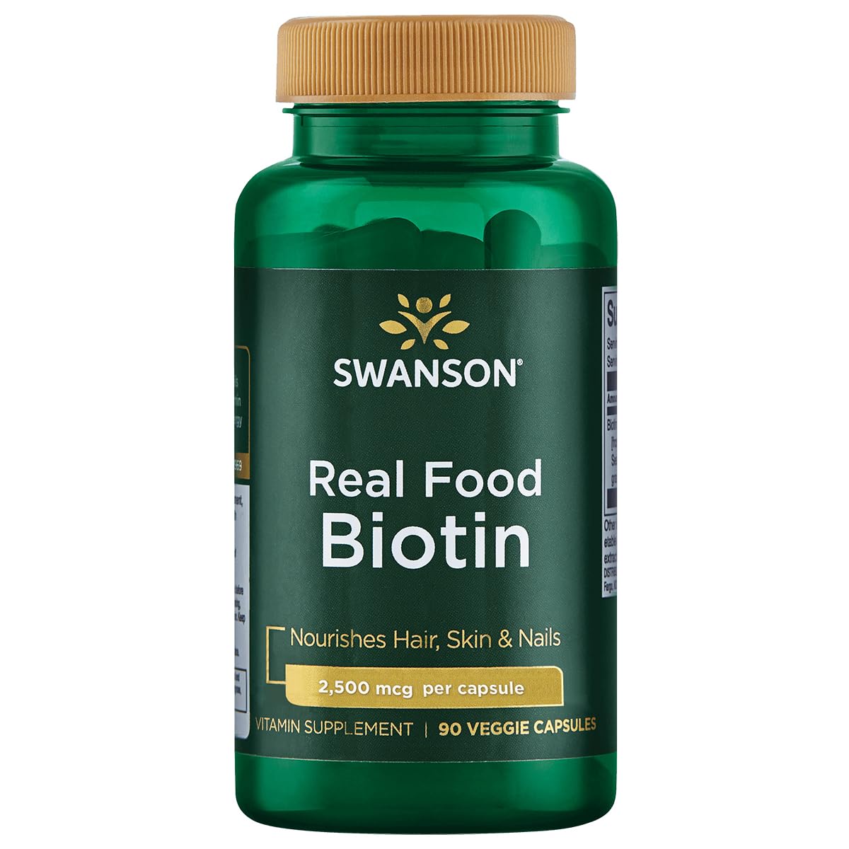 Swanson Biotina Real Food, botella con cápsulas, favorece cabello sano y uñas fuertes