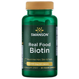 Swanson Biotina Real Food, botella con cápsulas, favorece cabello sano y uñas fuertes