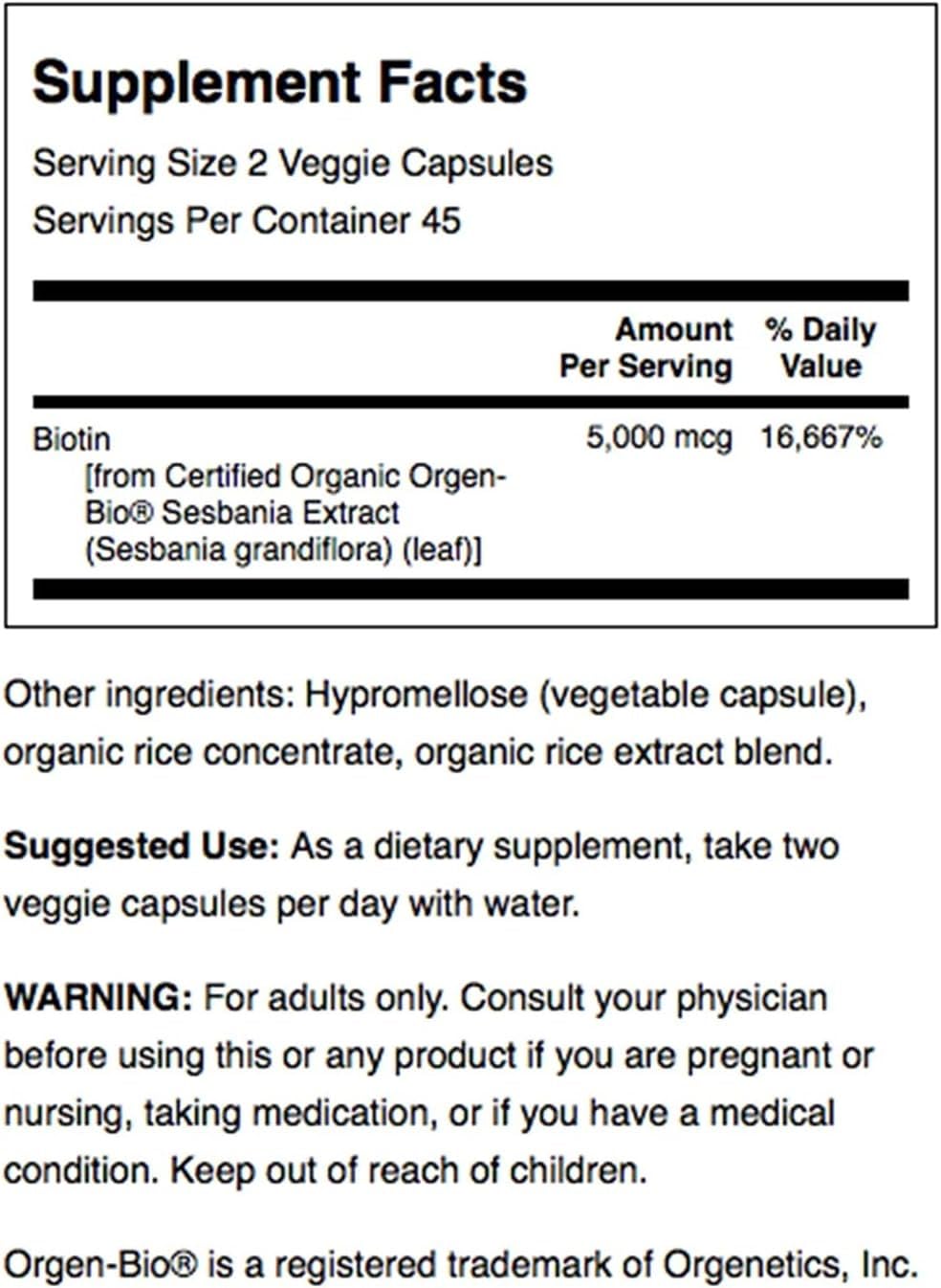 Swanson Biotina Real Food, etiqueta del producto, contiene 5000 mcg para metabolismo y energía