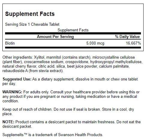 Swanson Biotina Sublingual 5000 mcg, etiqueta detallada para uso diario seguro