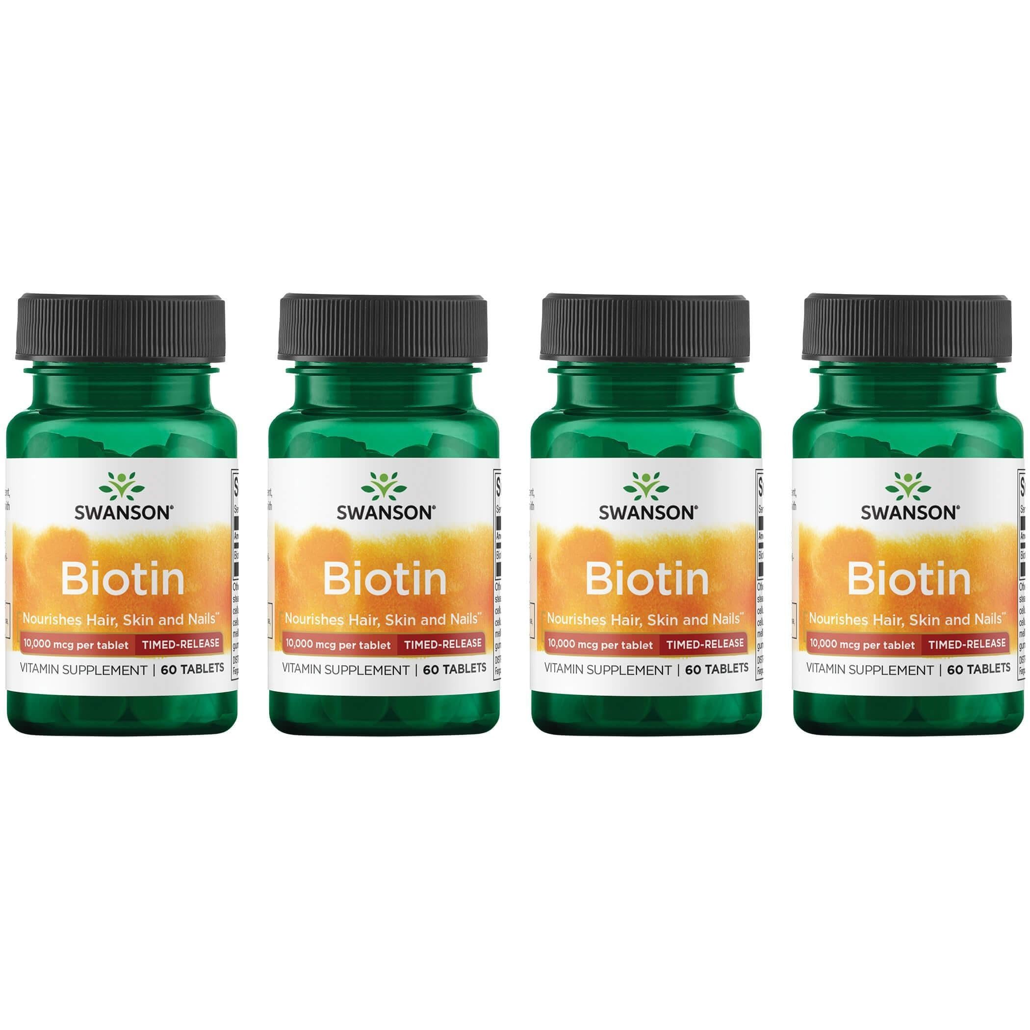 Swanson Biotina, botella, apoya metabolismo y salud de cabello y uñas.
