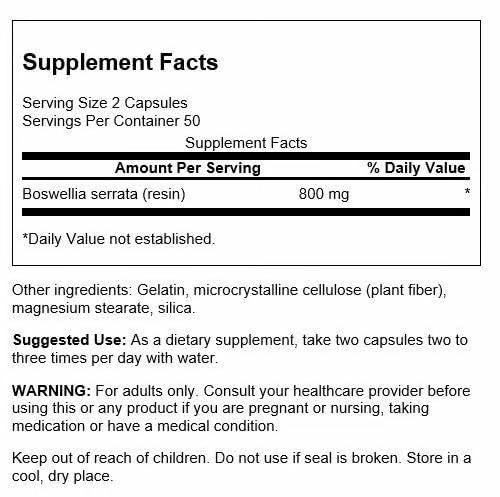Swanson Boswellia: etiqueta del producto con datos de ingredientes y dosis.