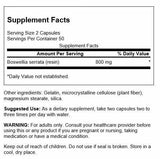 Swanson Boswellia: etiqueta del producto con datos de ingredientes y dosis.