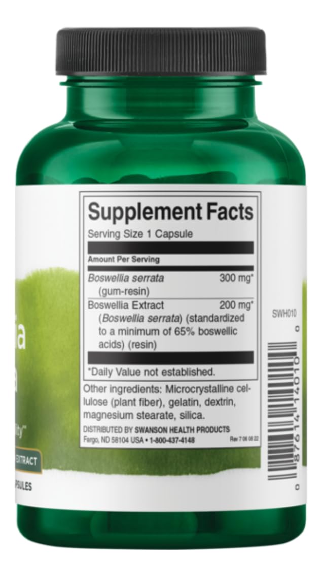 Swanson Boswellia Serrata 200 mg, etiqueta del producto con dosis y calidad.