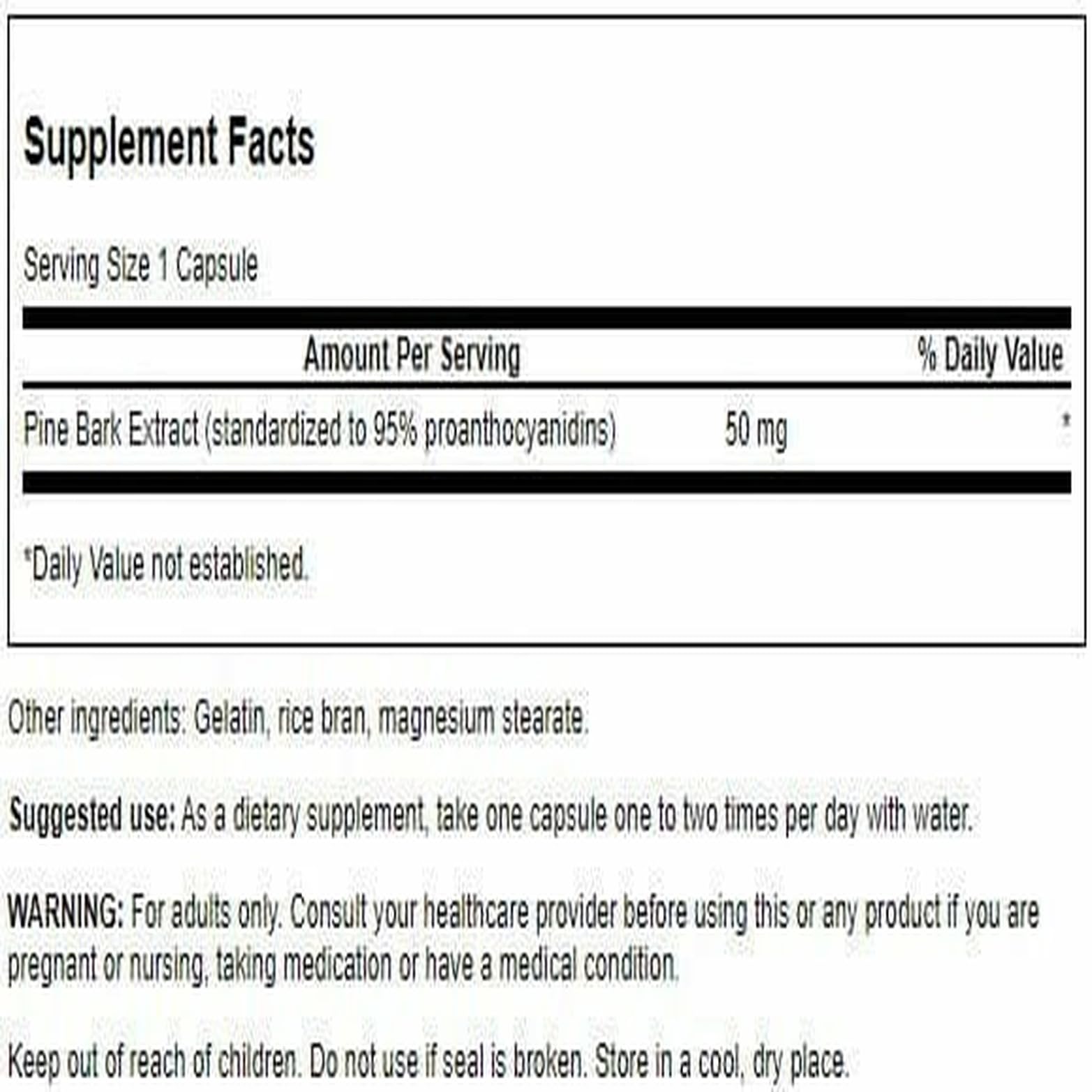 Swanson bote corteza de pino 50 mg, etiqueta visible, respaldo de calidad BPM