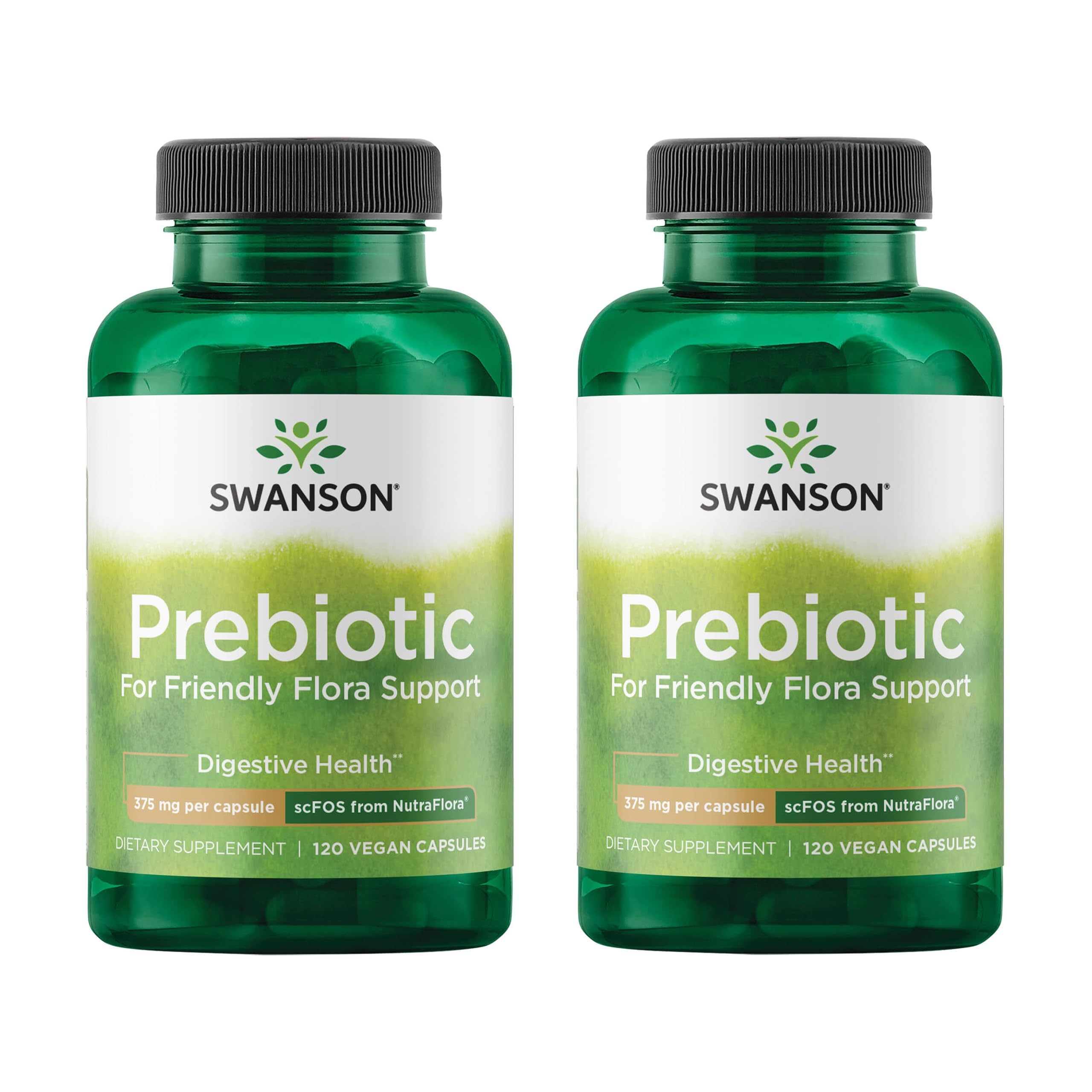 Swanson botella de cápsulas de fibra prebiótica NutraFlora FOS, apoyo digestivo.