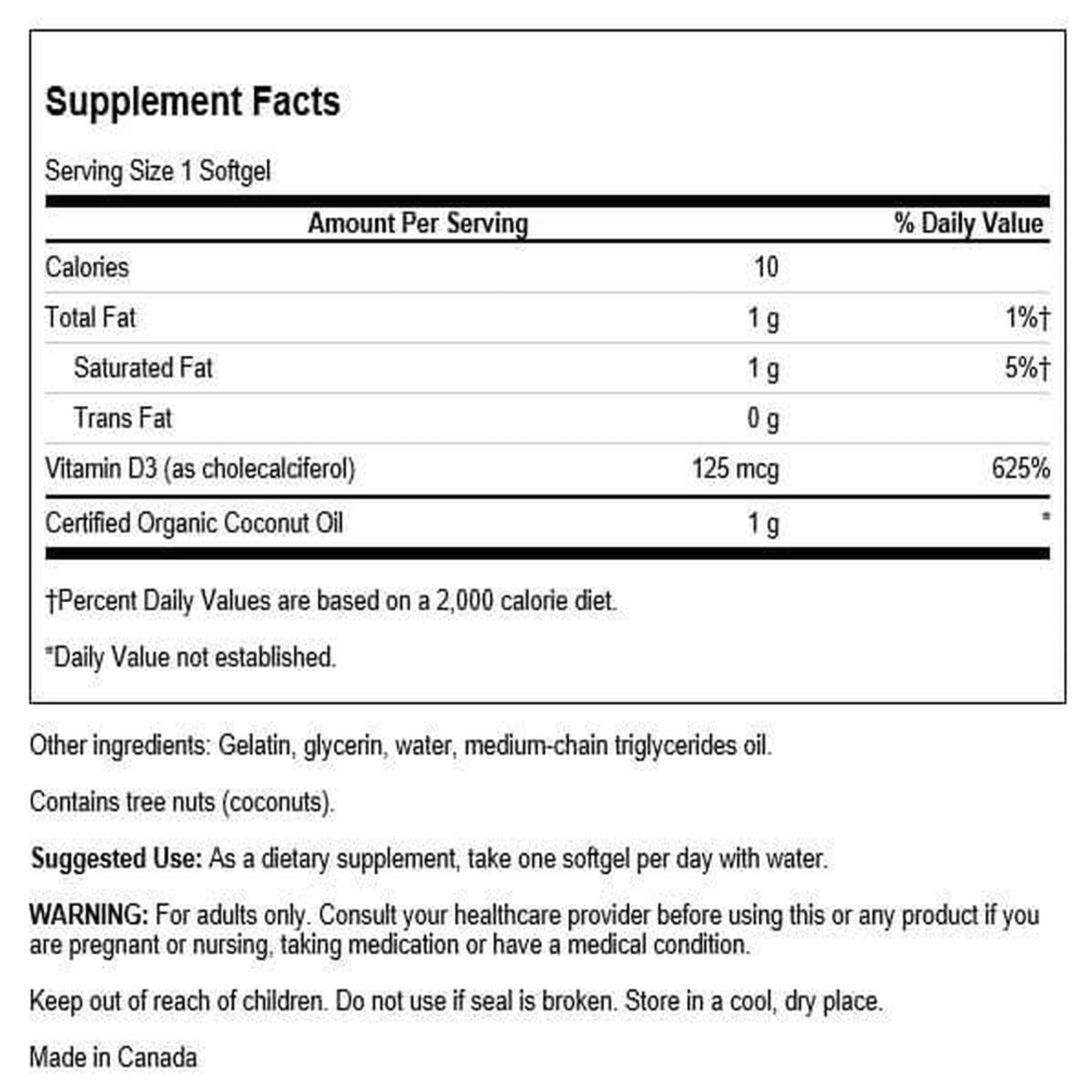 Swanson Vitamina D-3 con Coco, botella, uso diario seguro.