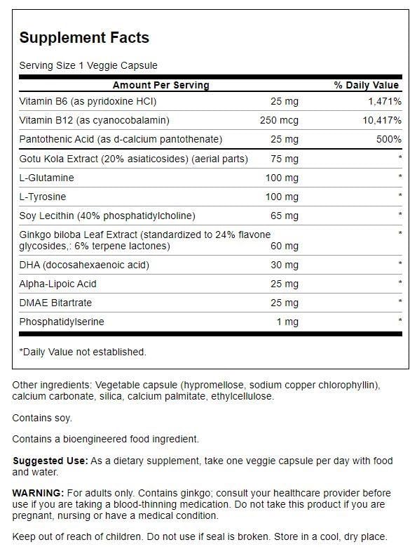 Swanson Brain Essentials, cápsulas 60 unidades, apoyo cognitivo práctico para el día
