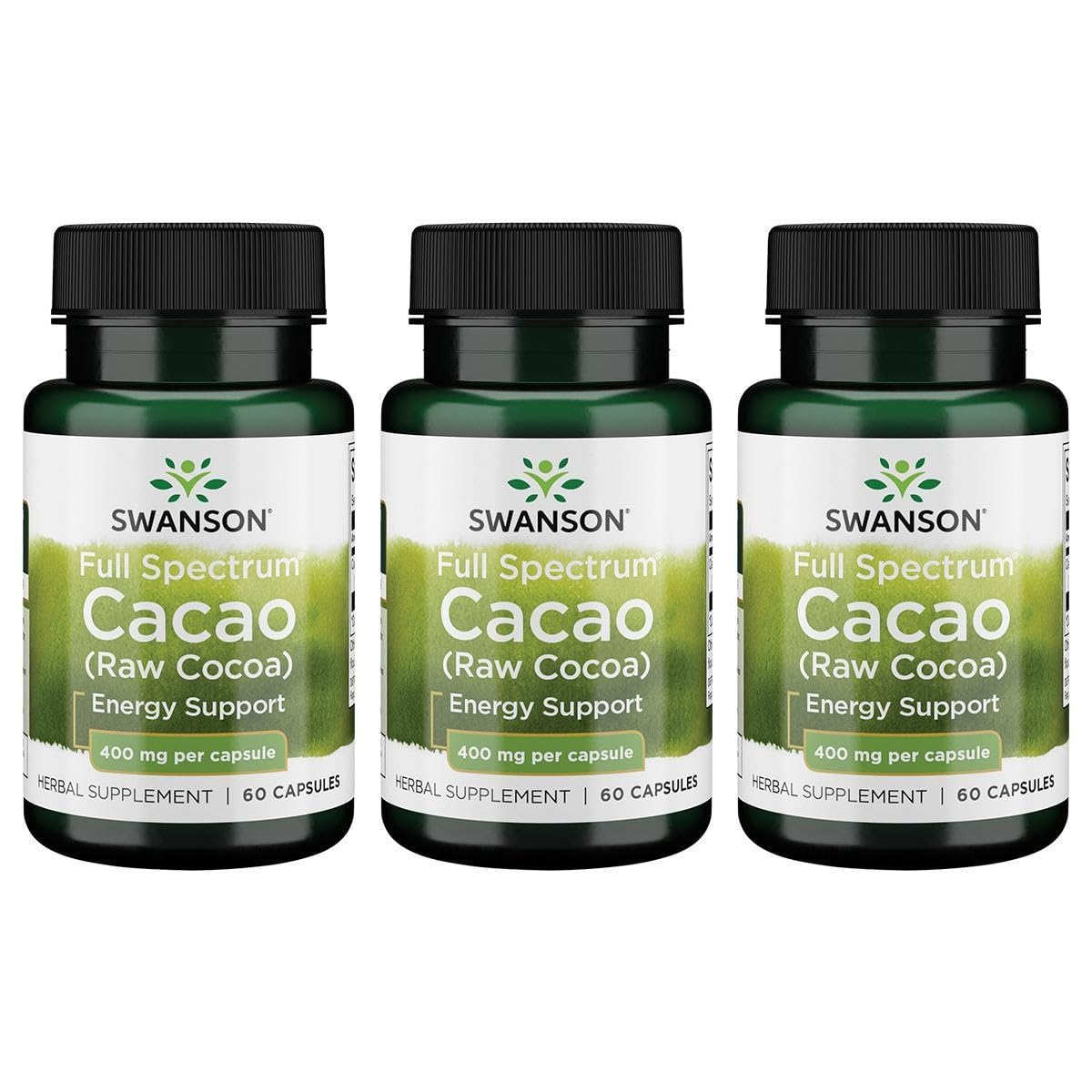 Swanson Cacao de Espectro Completo, botella de cápsulas, energía natural para tu día
