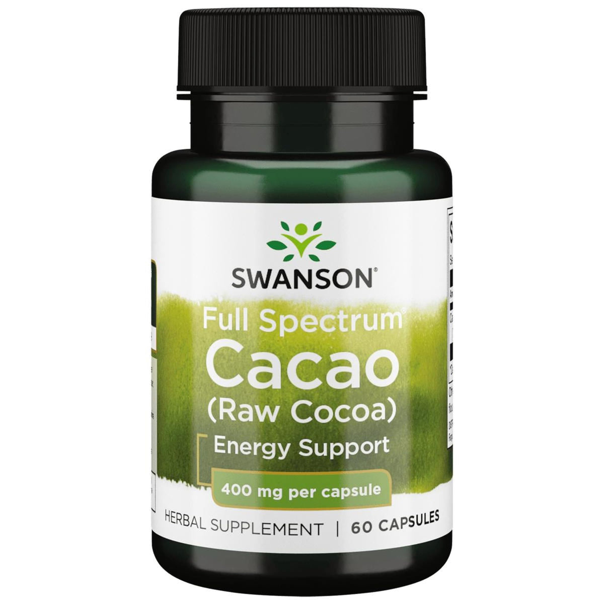 Swanson Cacao de Espectro Completo en cápsulas, energía suave para el día.
