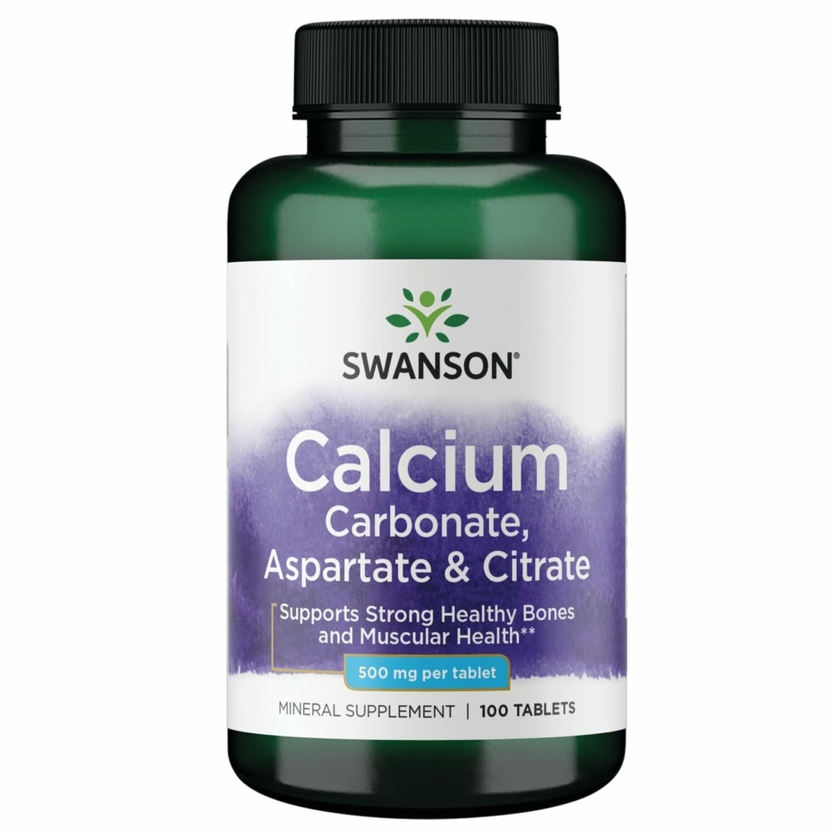 Swanson Calcium 500 mg 100 tabs, bote-frente: apoyo diario a la salud ósea.