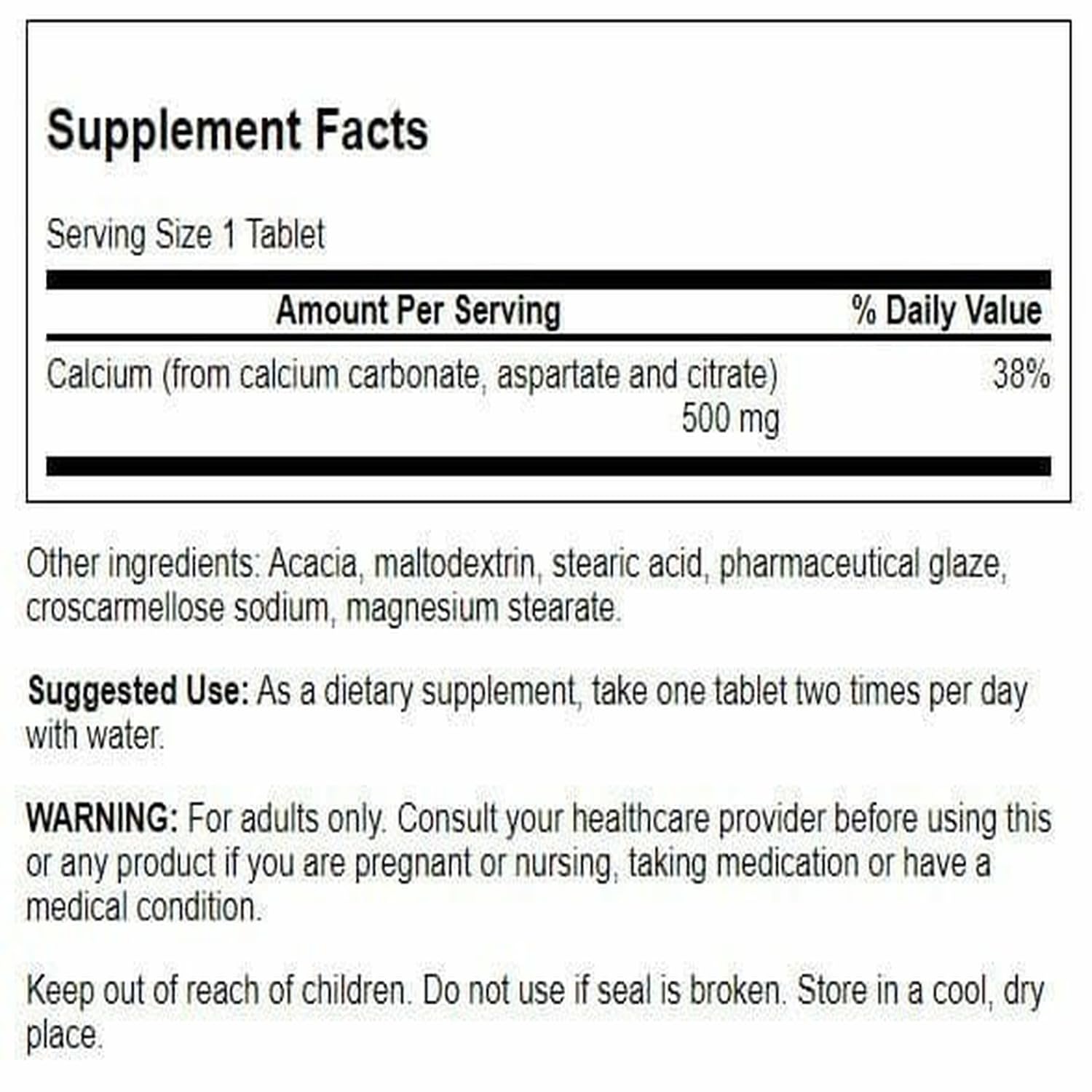 Swanson Calcium 500 mg 100 tabs, bote-lateral: posible soporte a la salud ósea.